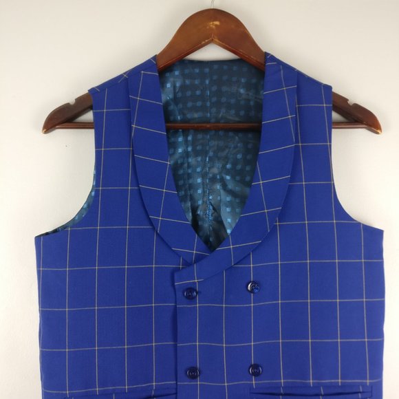 CEO Dress Shirt Double breasted Vest, Blue Checkered Vest, Formal Shirt Vest 36R - Picture 2 of 12